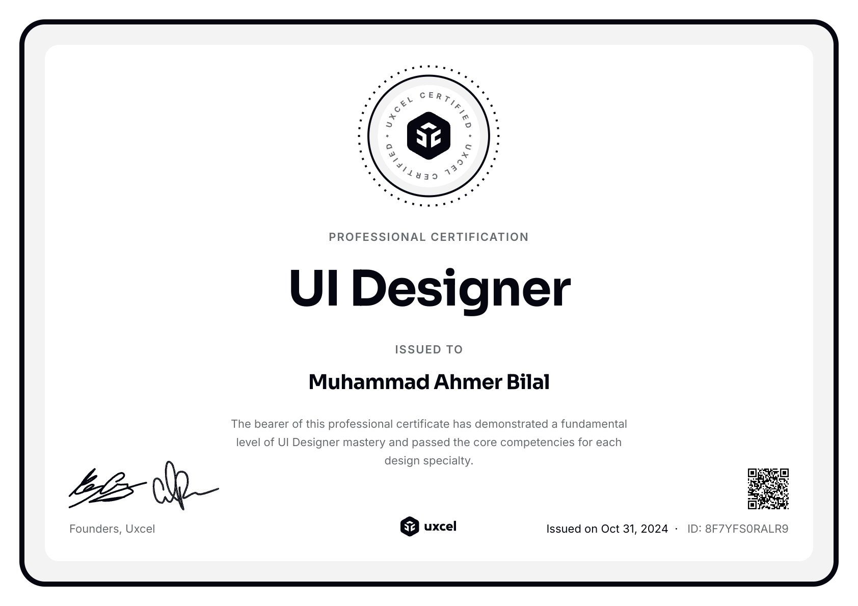 Muhammad Ahmer Bilal's certificate